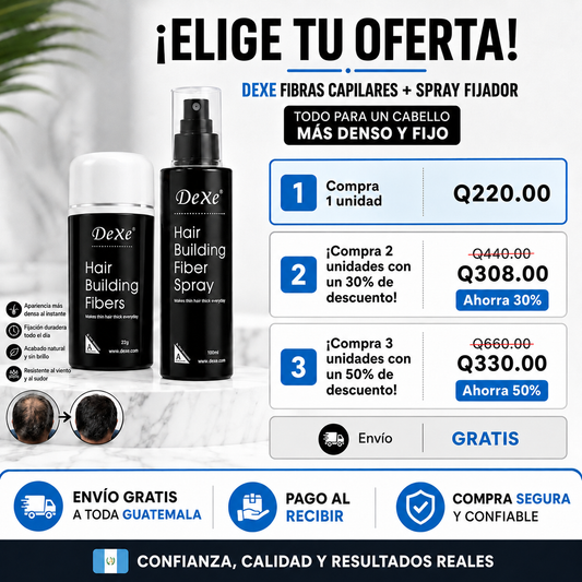 DEXE Fibras Capilares + Spray Fijador: aplica, fija y luce un acabado natural en segundos
